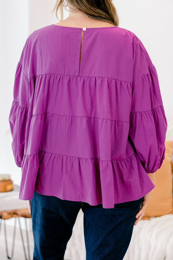 Chic Soul Plus size Clothing, Berry colored tiered top with long bubble sleeves  
