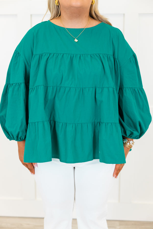 Chic Soul plus size clothing, emerald long sleeve tiered top with round neckline with cuff sleeves