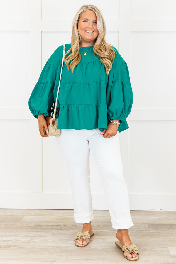 Chic Soul plus size clothing, emerald long sleeve tiered top with round neckline with cuff sleeves