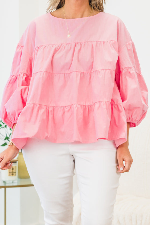 Chic Soul plus size clothing, pink long sleeve ruffle tiered top with cuff puff sleeves with round neckline

