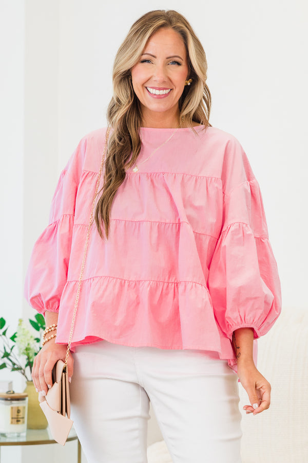 Chic Soul plus size clothing, pink long sleeve ruffle tiered top with cuff puff sleeves with round neckline
