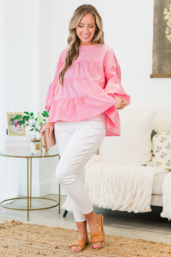 Chic Soul plus size clothing, pink long sleeve ruffle tiered top with cuff puff sleeves with round neckline
