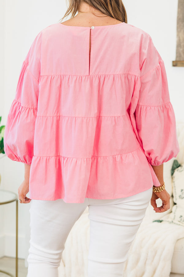 Chic Soul plus size clothing, pink long sleeve ruffle tiered top with cuff puff sleeves with round neckline
