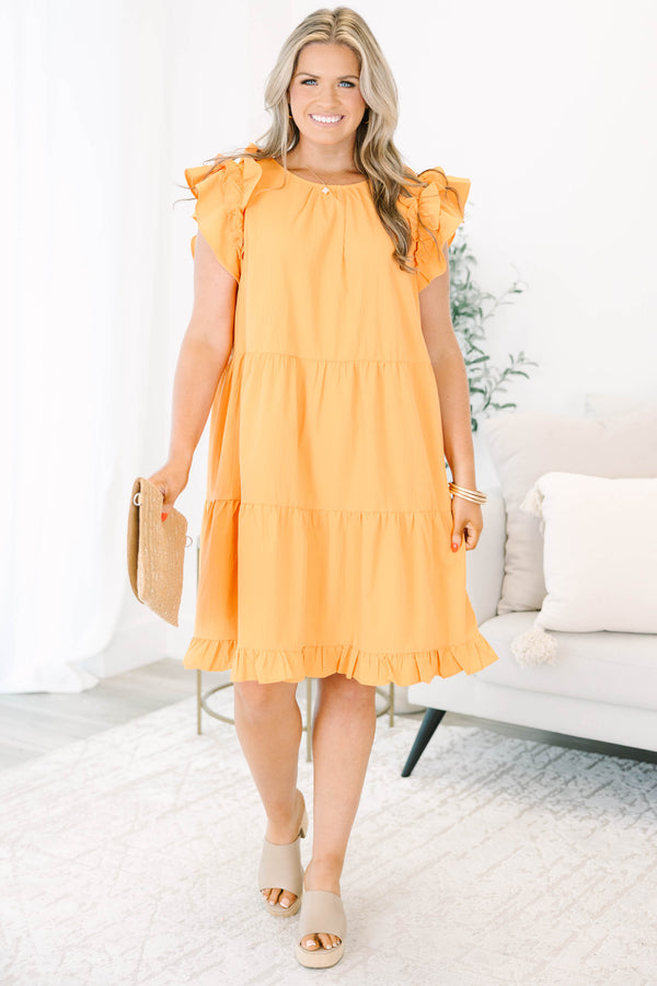 Chic Soul plus size clothing, apricot orange short-ruffle sleeve rounded-pleated neckline short tiered dress with button keyhole on back