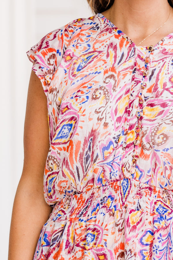 Chic Soul plus size clothing, short-sleeve pink dress with button detailing and smocked waistline with paisley pattern 