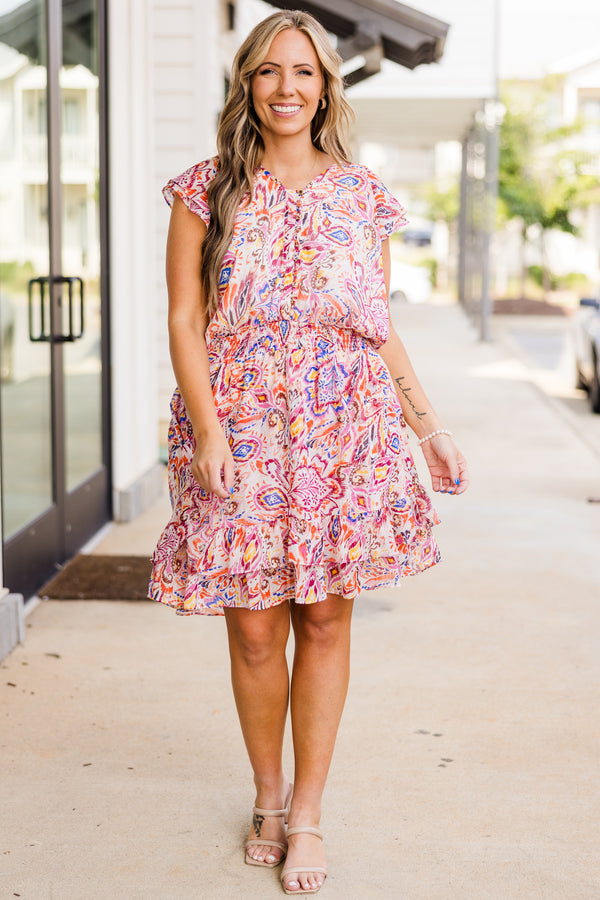 Chic Soul plus size clothing, short-sleeve pink dress with button detailing and smocked waistline with paisley pattern 