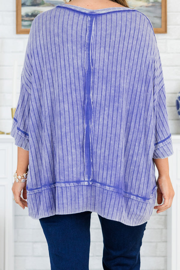Chic Soul plus size clothing, short-sleeve marlin blue ribbed acid wash top with scoop-neckline and inside-out distressed stitching detailing