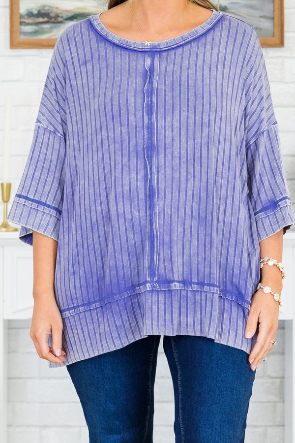 Chic Soul plus size clothing, short-sleeve marlin blue ribbed acid wash top with scoop-neckline and inside-out distressed stitching detailing