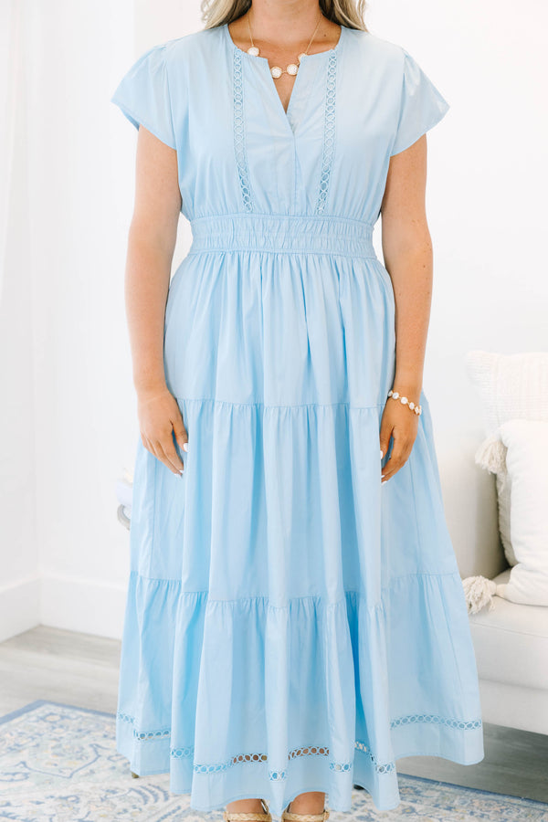 Plus Size baby blue tiered maxi dress with short flutter sleeves, smocked waist, and eyelet trim.