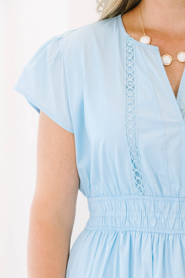 Plus Size baby blue tiered maxi dress with short flutter sleeves, smocked waist, and eyelet trim.