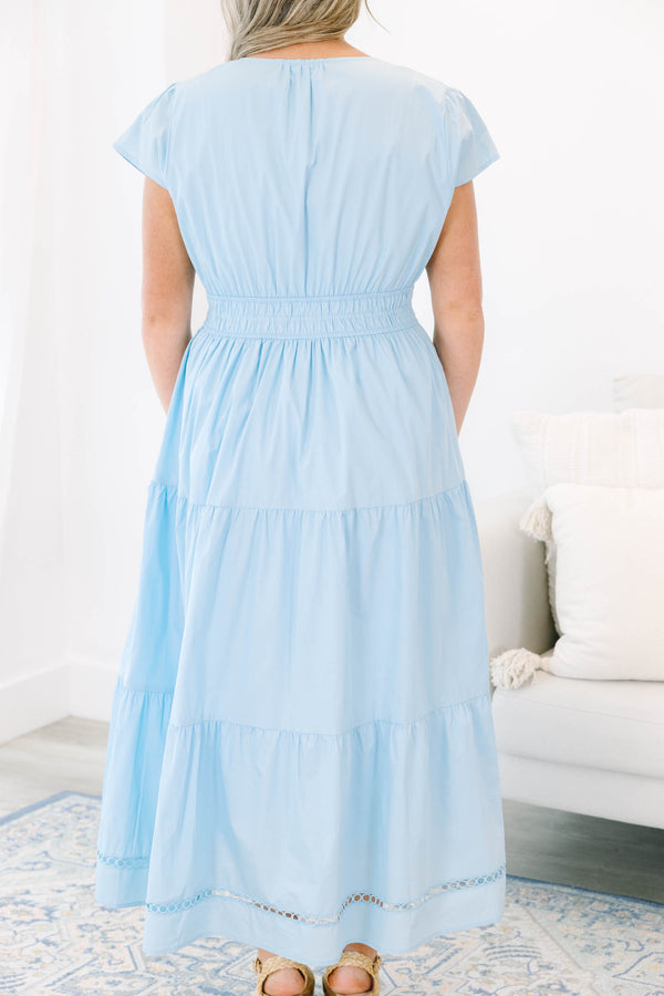 Plus Size baby blue tiered maxi dress with short flutter sleeves, smocked waist, and eyelet trim.