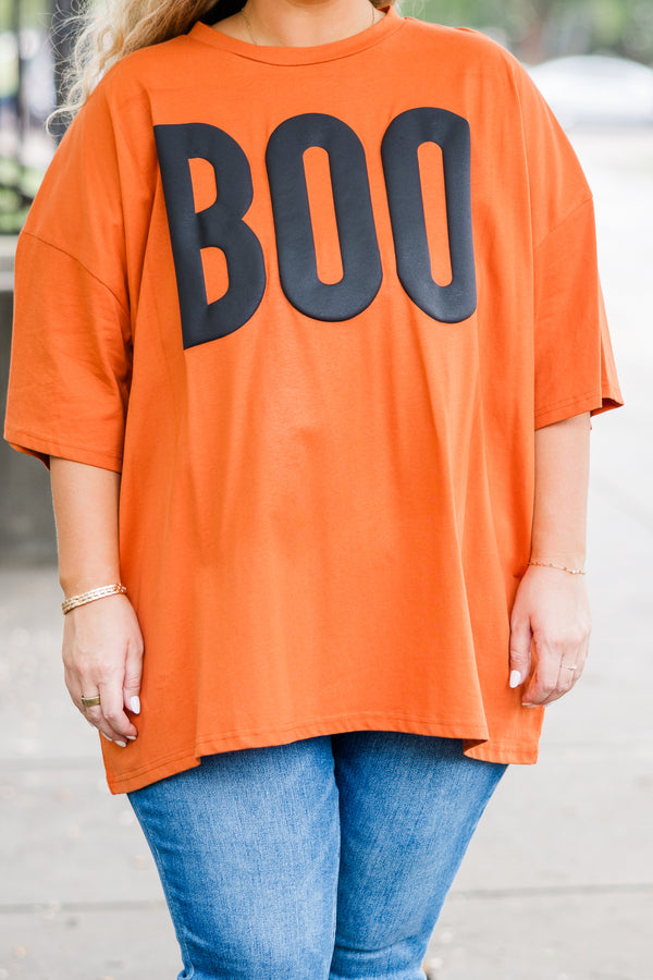 Chic Soul plus size clothing, orange short sleeve boyfriend tee with 