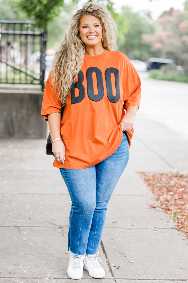Chic Soul plus size clothing, orange short sleeve boyfriend tee with 