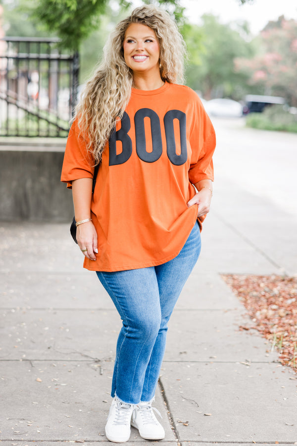 Chic Soul plus size clothing, orange short sleeve boyfriend tee with 