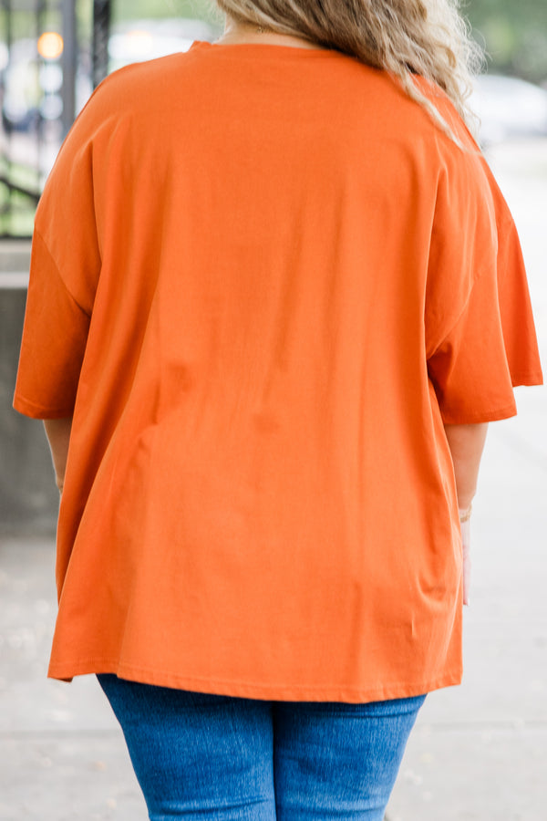Chic Soul plus size clothing, orange short sleeve boyfriend tee with 