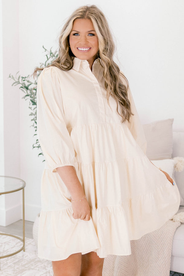 Chic Soul plus size clothing, cream long sleeve short tiered baby doll dress with buttons 1/4 of the way down and a collar