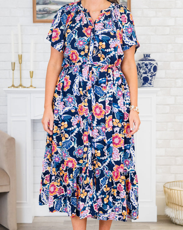 Chic Soul plus size clothing, short-sleeve navy midi dress with a multi-colored floral pattern
