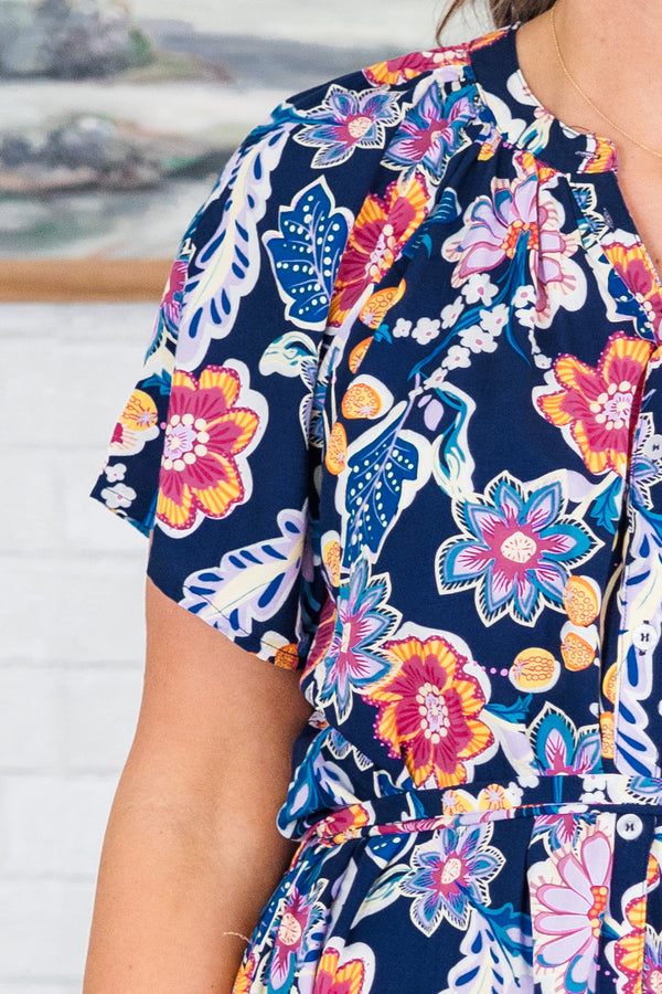 Chic Soul plus size clothing, short-sleeve navy midi dress with a multi-colored floral pattern