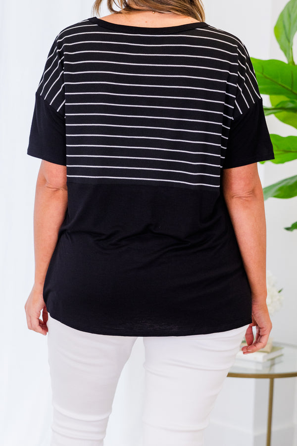 Chic Soul plus size clothing, short-sleeve black baby doll top with pocket on bodice and white striped pattern on upper-half 