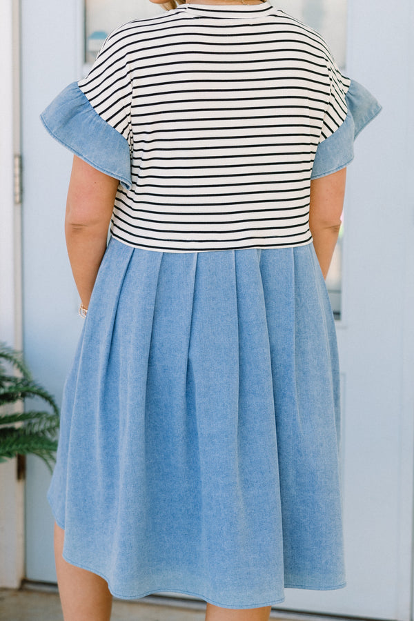 Chic Soul plus size clothing, short-sleeve denim light wash color block baby doll dress with a high-scoop-neckline and a white and black striped bodice 
