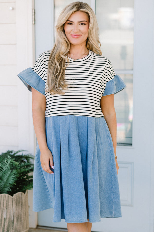 Chic Soul plus size clothing, short-sleeve denim light wash color block baby doll dress with a high-scoop-neckline and a white and black striped bodice 