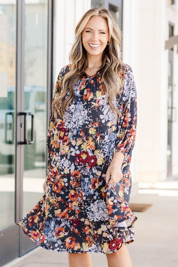 Chic Soul plus size clothing, floral pattern flowy tiered midi dress with cuffed bubble sleeves