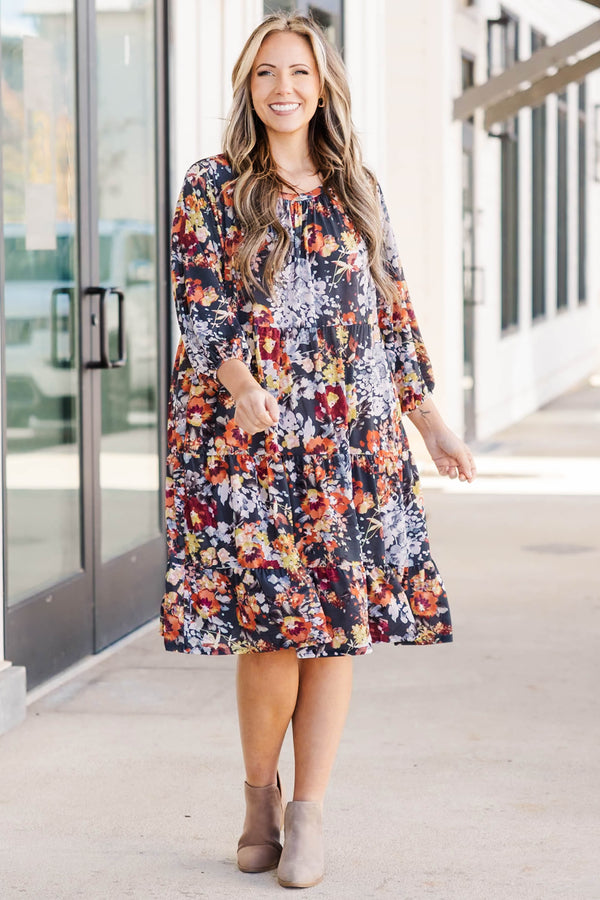 Chic Soul plus size clothing, floral pattern flowy tiered midi dress with cuffed bubble sleeves