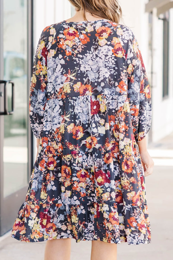 Chic Soul plus size clothing, floral pattern flowy tiered midi dress with cuffed bubble sleeves