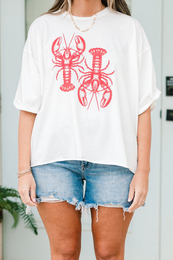 Chic Soul plus size clothing, short-sleeve white vintage washed tee with a high-scoop-neckline and a red graphic of two lobsters