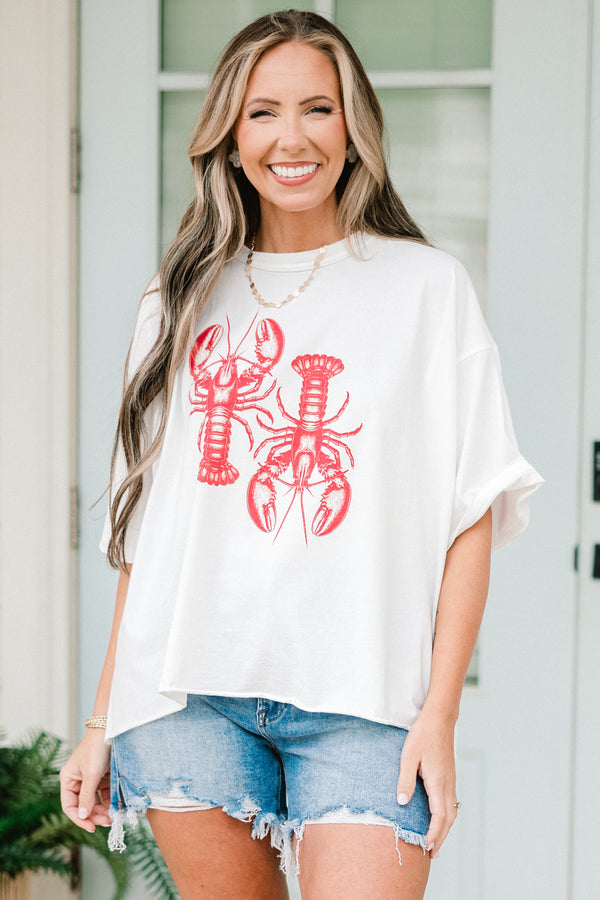 Chic Soul plus size clothing, short-sleeve white vintage washed tee with a high-scoop-neckline and a red graphic of two lobsters