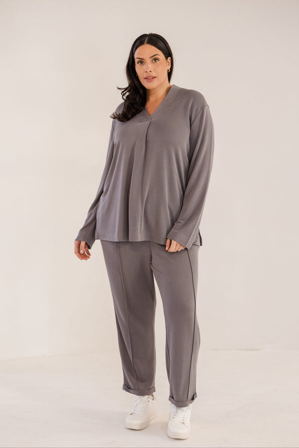 Chic Soul plus size clothing, castle rock grey v neck a-line long sleeve flowy top