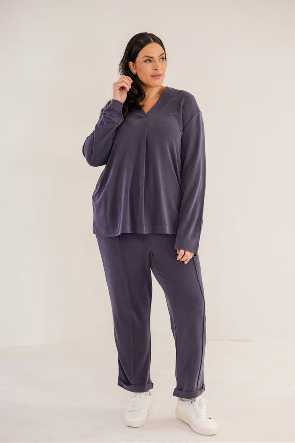 Chic Soul plus size clothing, ink navy v neck a-line long sleeve flowy top