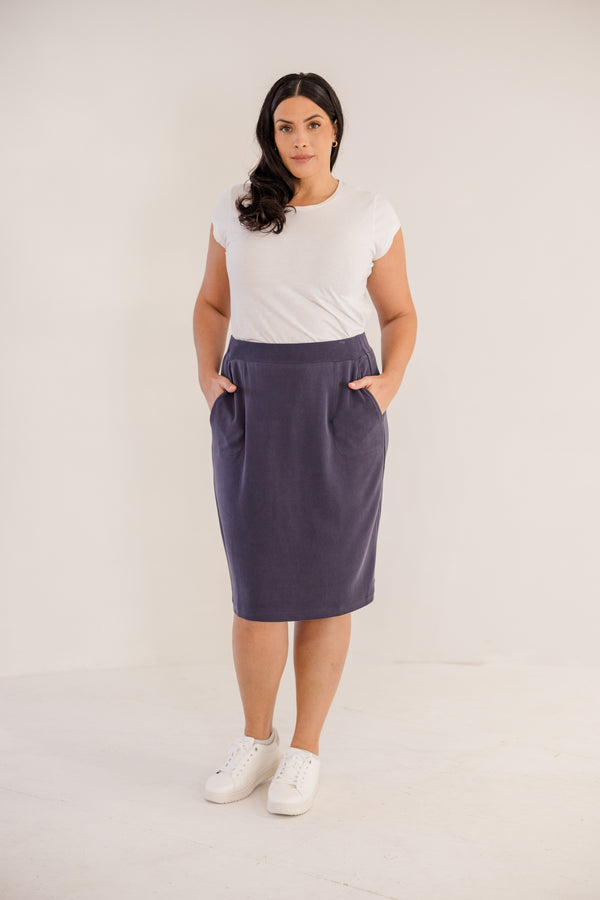 Chic Soul plus size clothing, bink navy knee length a-line skirt with elastic waistband and side pockets
