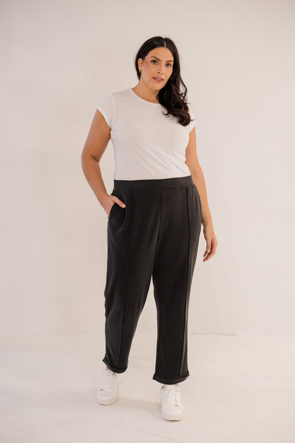 Chic Soul plus size clothing, black slim fit tapered ankle pant with pintuck and cuffed ankle detail