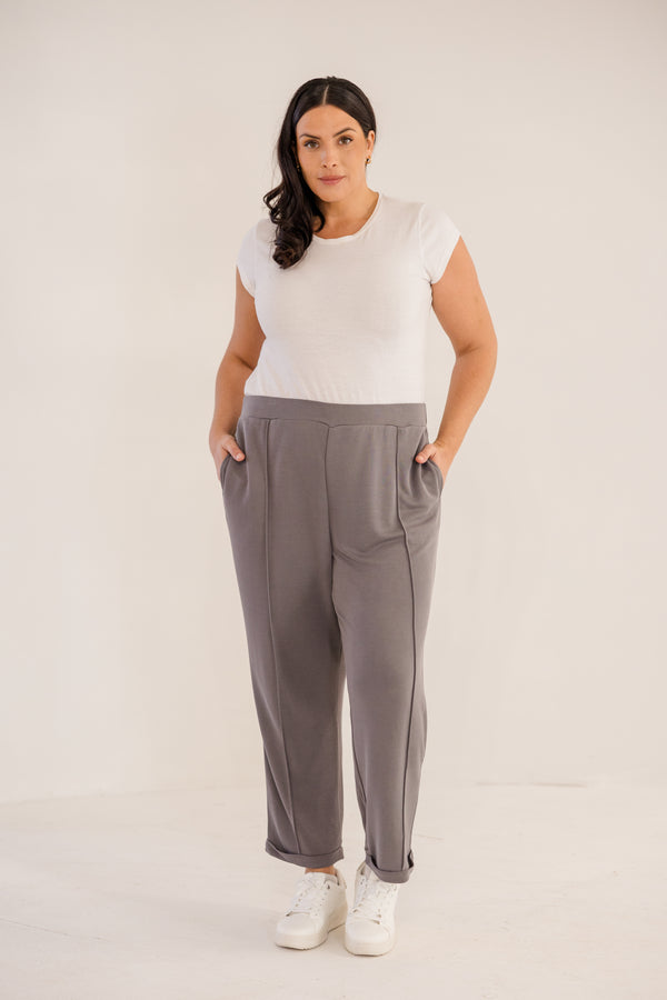 Chic Soul plus size clothing, castle rock grey slim fit tapered ankle pant with pintuck and cuffed ankle detail