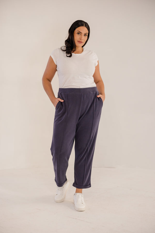 Chic Soul plus size clothing, ink navy slim fit tapered ankle pant with pintuck and cuffed ankle detail