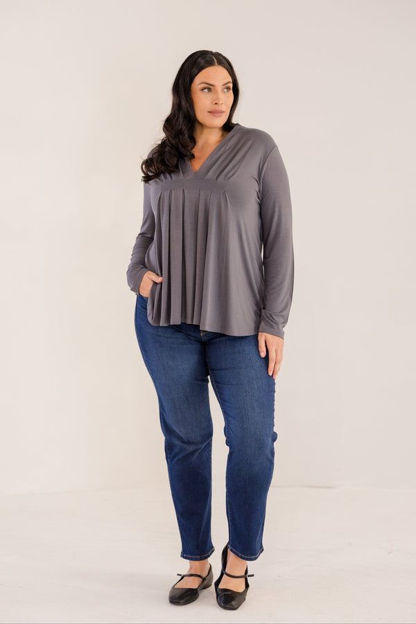 Chic Soul plus size clothing, castle rock grey long sleeve flowy top with v neckline and pleated detail in front