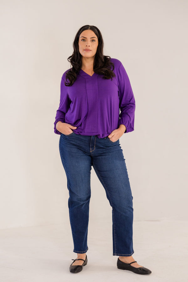 Chic Soul plus size clothing, petunia deep purple long sleeve top with v neckline with cuffed sleeves