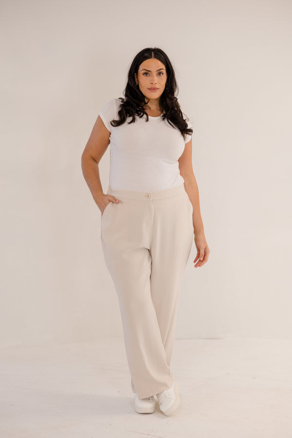 Chic Soul plus size clothing, stone straight leg pant with elastic back waistband with button closure in front with pockets