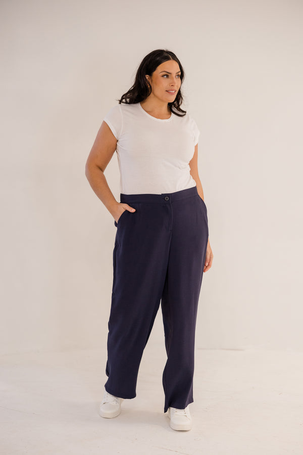 Chic Soul plus size clothing, ink navy straight leg pant with elastic back waistband with button closure in front with pockets