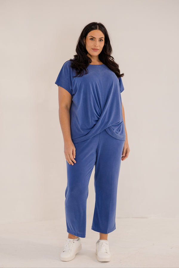 Chic Soul plus size clothing, ombre blue short sleeve flowy top with cross front detail with round neckline