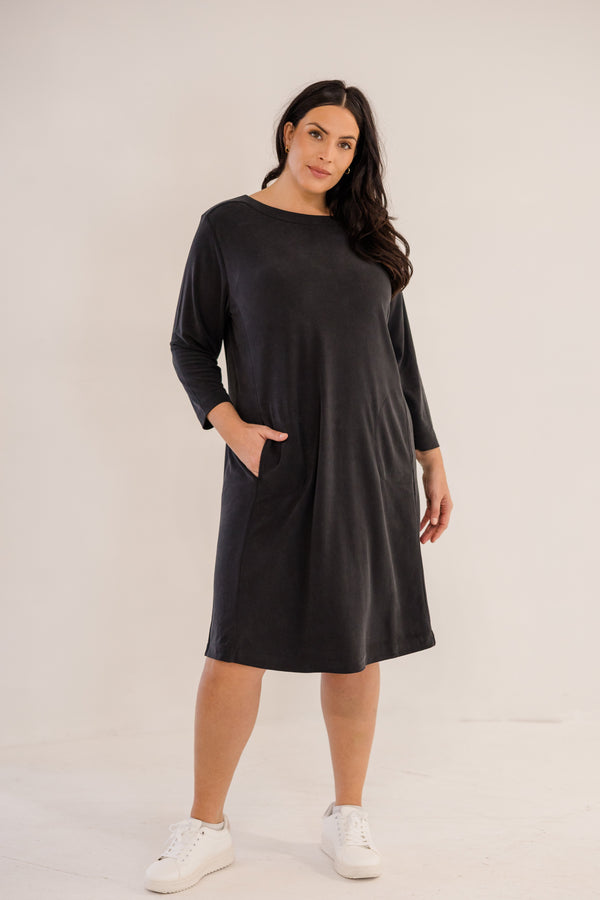 Chic Soul plus size clothing, black solid long sleeve knee length dress with boatneck line with pockets