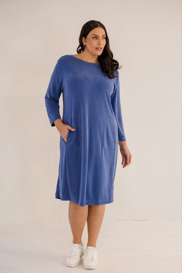 Chic Soul plus size clothing, ombre blue solid long sleeve knee length dress with boatneck line with pockets