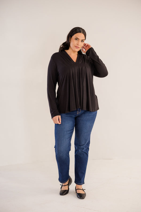 Chic Soul plus size clothing, black long sleeve flowy top with v neckline and pleated detail in front