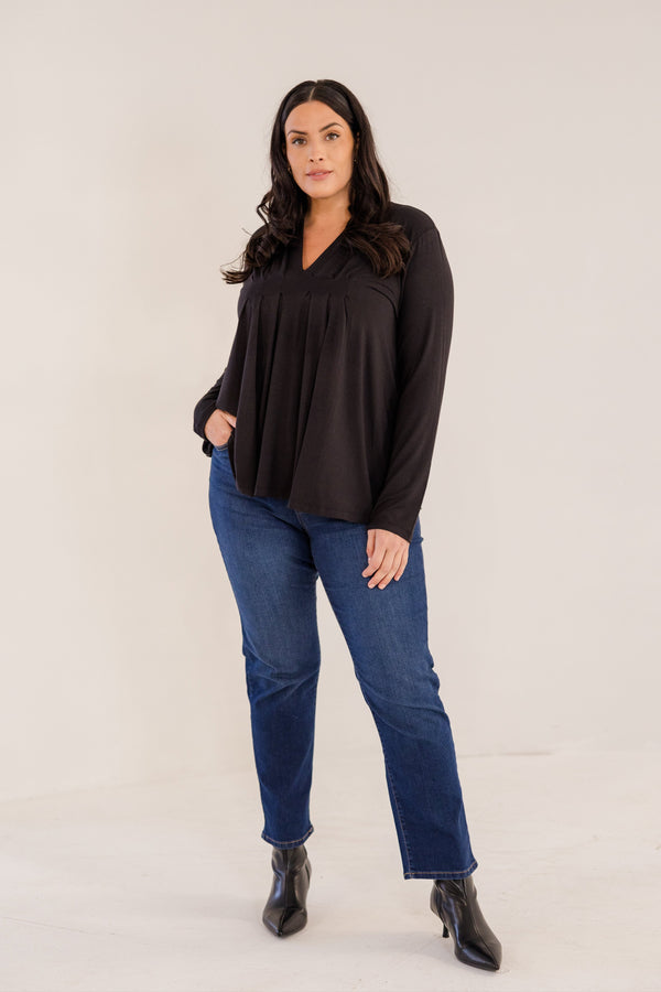 Chic Soul plus size clothing, black long sleeve flowy top with v neckline and pleated detail in front