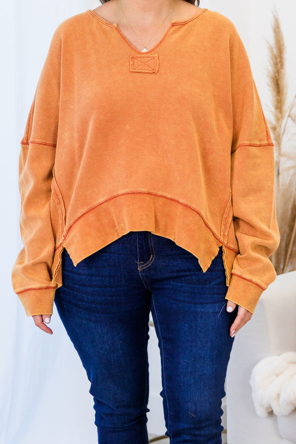 Chic Soul plus size clothing, orange long sleeve pullover with v neckline and cuff sleeves with band across bottom