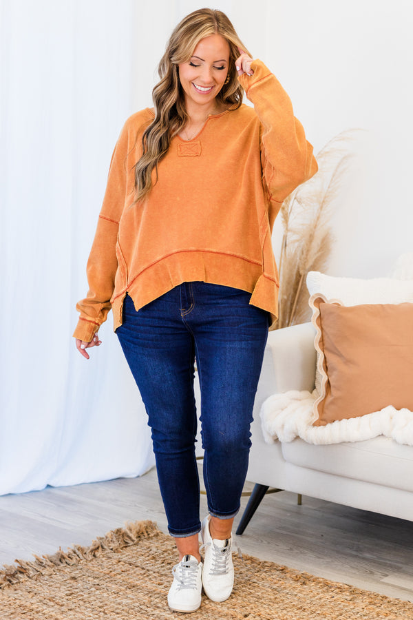 Chic Soul plus size clothing, orange long sleeve pullover with v neckline and cuff sleeves with band across bottom