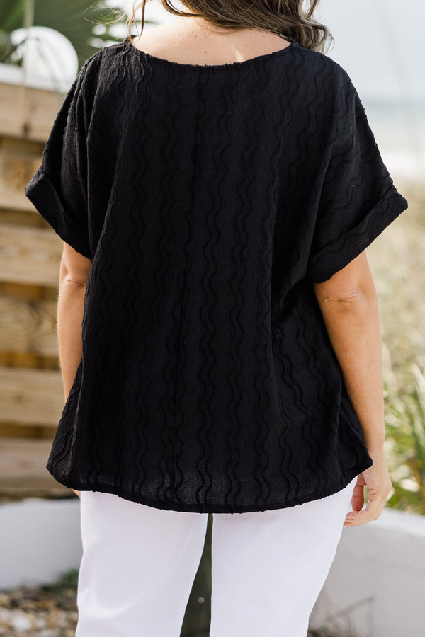 Chic Soul plus size clothing, black short sleeve top with cuffs at the end of the sleeves 
