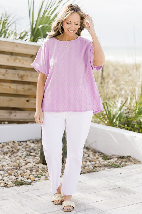 Chic Soul plus size clothing, lilac short sleeve top with cuffs at the end of the sleeves 

