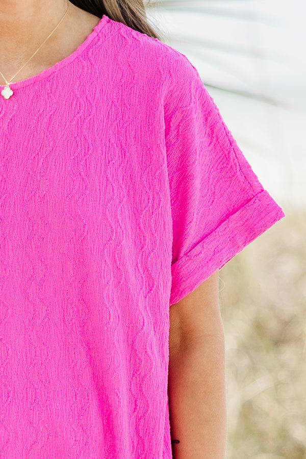 Plus Size hot magenta ripple textured top with a round neckline and cuffed short sleeves.